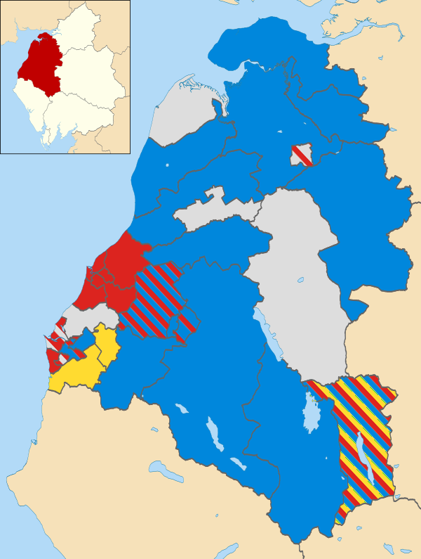 Map of the results of the 2007 Allerdale council election. Labour in red, Conservatives in blue, Independents in grey and Liberal Democrats in yellow.