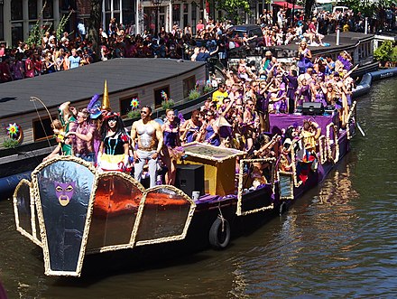 One of the decorated boats participating in the 2013 Canal Parade of the Amsterdam Gay Pride