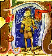 A crowned man holding a flag in his left hand