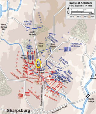 125th PA & 34th NY (inside yellow oval) are counter-attacked shortly after 9 a.m. Antietam0900 125PA 34NY 07MI.png