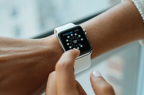 Smartwatches are an example of a wearable computer. Apple Watch-.jpg