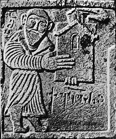 Ašot I. drží vo svojich rukách kláštor, basreliéf kláštora Opiza, prvá štvrtina 9. storočia