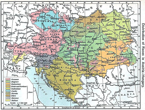 "Distribution of Races in Austria–Hungary" from the Historical Atlas by William R. Shepherd, 1911.