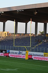 A set of gridiron football goal posts--two uprights (vertical) and a crossbar (horizontal) Austrian Bowl 2013-011.JPG