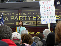 Michele Bachmann speaks at a rally. She was propelled in the race with support from the Tea Party movement. Bachmann at Tea Party rally.jpg