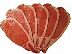 Cured uncooked back bacon, sliced Bacon.JPG