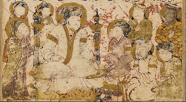 Early 14th century copy of the Samanid-period Tarikhnama of Bal'ami (10th century) depicting al-Saffah (r. 750–754) as he receives pledges of allegian