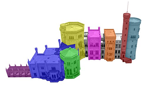 Isometrische Sicht auf das Schloss mit Einfärbung seiner Hauptbestandteile
