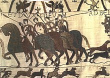 Proto-heraldic shield decorations shown in the Bayeux Tapestry (c. 1077). Bayeux Tapestry.Shields.jpg