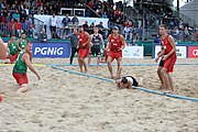 Deutsch: Beachhandball Europameisterschaften 2019 (Beach handball Euro); Tag 6: 7. Juli 2019 – Spiel um Platz Drei, Männer, Ungarn-Russland 2:0 (26:20, 23:22) English: Beach handball Euro; Day 6: 7 July 2019 – Men's Bronze Medal Match – Hungary-Russia 2:0 (26:20, 23:22)