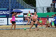 Deutsch: Beachhandball Europameisterschaften 2019 (Beach handball Euro); Tag 5: 6. Juli 2019 – Frauen, Platzierungsspiel für die Ränge 17–20, Nordmazedonien-Slowenien 0:2 (10:13, 9:15) English: Beach handball Euro; Day 5: 6 July 2019 – Placement Match/Cross Match for rank 17–20 Women – North Macedonia-Slovenia 0:2 (10:13, 9:15)