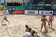 Deutsch: Beachhandball Europameisterschaften 2019 (Beach handball Euro); Tag 2: 3. Juli 2019 – Frauen, Vorrunde Gruppe C, Spanien-Griechenland 2:1 (12:20, 18:16; 8:2) English: Beach handball Euro; Day 2: 3 July 2019 – Women Preliminary Round Group C – Spain-Greece 2:1 (12:20, 18:16; 8:2)