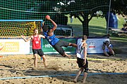 Deutsch: Beachhandball Europameisterschaften 2019 (Beach handball Euro); Tag 4: 5. Juli 2019 – Männer, Viertelfinale, Dänemark-Frankreich 2:0 (19:14, 12:10) English: Beach handball Euro; Day 4: 5 July 2019 – Quarter Final Men – Denmark-France 2:0 (19:14, 12:10)