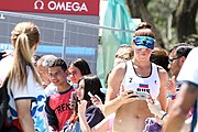 Deutsch: Beachvolleyball bei den Olympischen Jugendspielen 2018; Tag 9, 15. Oktober 2018; Mädchen, Viertelfinale: Puerto Rico-Russland 0–2 (12–21/10–21) English: Beach volleyball at the 2018 Summer Youth Olympics at 15 October 2018 – Girls Quarterfinals: Puerto Rico-Russia 0–2 (12–21/10–21)