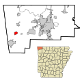 This map shows the incorporated and unincorporated areas in Benton County, Arkansas, highlighting Gentry in red. It was created with a custom script with US Census Bureau data and modified with Inkscape.