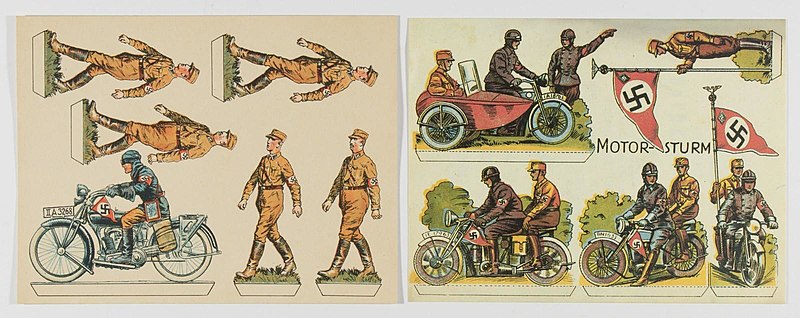 File:Bilderbogen Aufstellbild SA Sturmabteilung Motor-Sturm brownshirts uniforms swastika flags motorcyclist 1934 NSDAP Papierpuppen Nazi Germany propaganda toys Uncut paper figurines two sheets Unidentified illustrator No known copyright H0.jpg