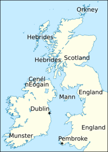 Eine Karte zeigt die Britischen Inseln; in Irland sind Munster, Dublin und Cenél nEógain verzeichnet, an der Küste gegenüber England mit Pembroke, Schottland und die Hebriden und dazwischen die Insel Man