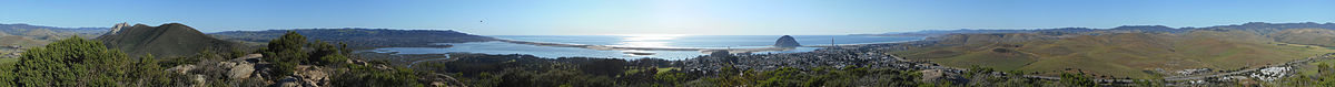 A panoramic view of Estero bay (far side of sandspit), Morro Bay (near side of sandspit), Los Osos, Baywood Park, Chorro Valley, and Hollister Peak, from Black Hill. BlackHillMorroBayPanorama.jpg