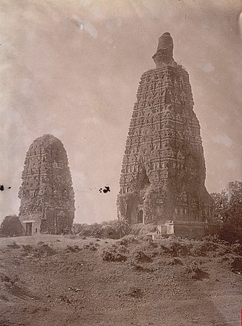 The ancient Mahabodhi temple at Bodh Gaya prior to its restoration