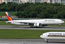 A Philippine Airlines Boeing 777-300ER at Changi Airport in 2012 Boeing 777-36NER, Philippine Airlines JP7516437.jpg