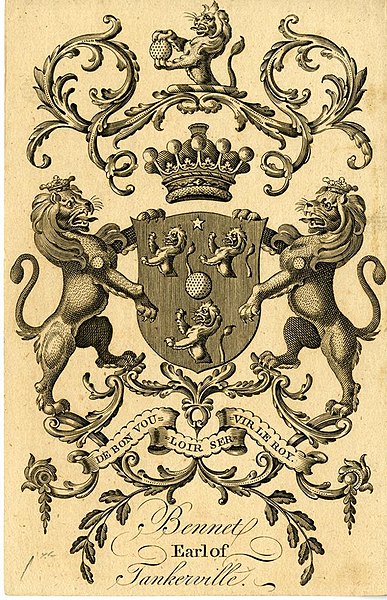 Bookplate showing the arms of the Earls of Tankerville (third creation): Gules, a bezant between three demi lions rampant argent. Crest – A double sca