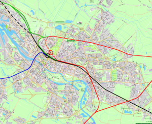 Entwicklung der Eisenbahnen in Bremen(eingetragen in einen aktuellen Stadtplan)

schwarz:
Königlich Hannöversche Staatseisenbahnen

blau:
Oldenburger Bahn

rot:
Hamburg-Venloer Bahn

grün:
Neubauten ab 1880

gestrichelt:
abgebaut

schwarzer Ring:
Staatsbahnhof/Hauptbahnhof

roter Ring:
abgebauter Hamburger Bahnhof