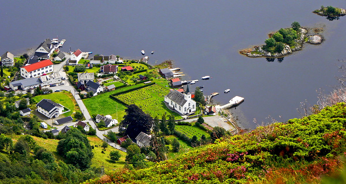 Bruvik Church and village by Sørfjord Hordaland, Osterøy Photograph: Odd Roar Aalborg Licensing: CC-BY-SA-3.0