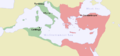 Map of Byzantine Empire ca 550. Green indicates the conquests during Justinianus I:s reign.