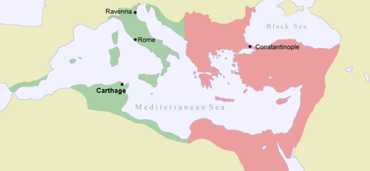 Het Byzantijnse Rijk rond 550. Veroveringen door Justinianus in het groen.