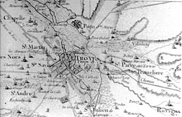 Troyes op een oude kaart