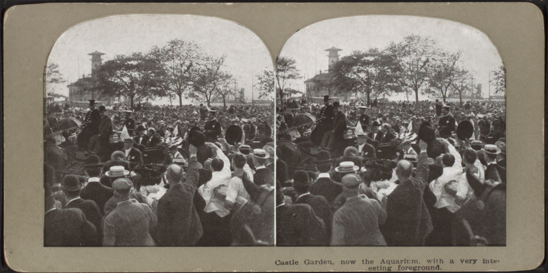 File:Castle Garden, now the aquarium, with a very interesting foreground (large crowd of people, some waving at a procession, in foreground), from Robert N. Dennis collection of stereoscopic views 2.png