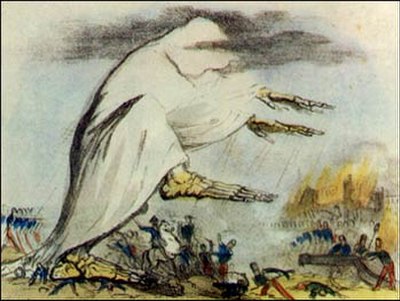 A representation by Robert Seymour of the cholera epidemic depicts the spread of the disease in the form of poisonous air.