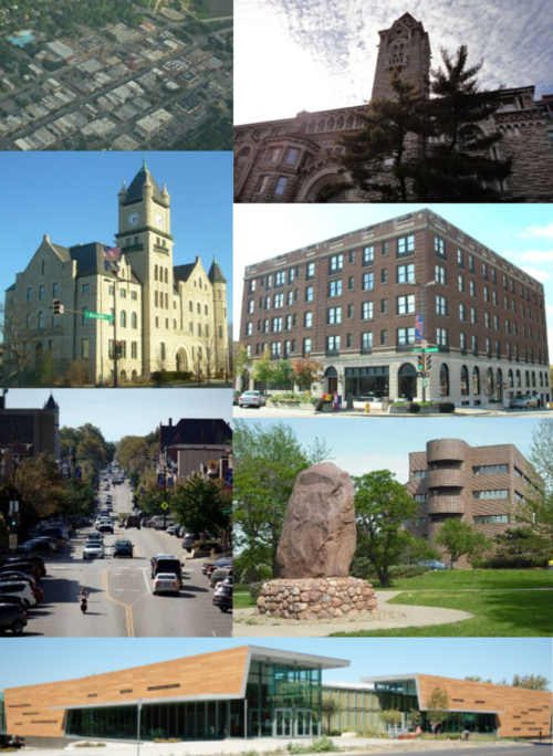 Clockwise from top-right: Dyche Hall, Eldridge Hotel, Shunganunga Boulder, Lawrence Public Library, Massachusetts Street, Douglas County Courthouse, aerial view of city