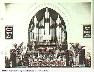 Pipe organ and decoration for Thanksgiving Festival, 1903 Clayton Congregation Church with choir organ and thanksgiving festival, 1903.jpg