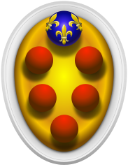 The "augmented coat of arms of the Medici, Or, five balls in orle gules, in chief a larger one of the arms of France (viz. Azure, three fleurs-de-lis or) was granted by Louis XI in 1465.[1]