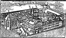 The University of Jena around 1600. Jena was the center of Gnesio-Lutheran activity during the controversies leading up to the Formula of Concord and afterwards was a center of Lutheran Orthodoxy. Collegium Jenense.jpg