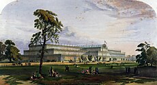 May 1: Great Exhibition in London. Crystal Palace from the northeast from Dickinson's Comprehensive Pictures of the Great Exhibition of 1851. 1854.jpg