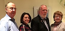 (left to right): Ed Sharp (mayor 1990-7), Kate Stewart (mayor 2015-22), Bruce Williams (mayor 2007-15), Kathy Porter (mayor 1997-07) at a dinner party in 2017 Current and former Takoma Park mayors.jpg