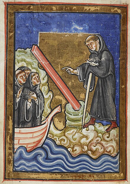 Cuthbert discovers piece of timber - Life of St. Cuthbert (late 12th C), f.45v - BL Yates Thompson MS 26.jpg