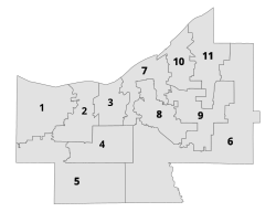Map of the 11 districts of Cuyahoga County Council, in effect since 2011 Cuyahoga County Council Districts 2011.svg