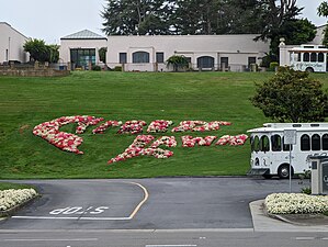 Floral topiary sign and tourist trolleys (West Campus)