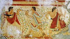 Etruscische dansers en muzikanten. Fresco uit de tombe van de luipaarden in Tarquinia