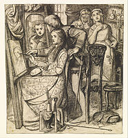 Love's Mirror or A Parable of Love label QS:Len,"Love's Mirror or A Parable of Love" label QS:Lpl,"Lustro miłości lub Przypowieść o miłości" 1850/1852. Black pen and ink over pencil, with ink wash, on paper. 19.5 × 17.5 cm (7.6 × 6.8 in). Birmingham Museum and Art Gallery.