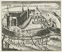 Capture of Breda label QS:Len,"Capture of Breda" label QS:Lpl,"Zdobycie Bredy" label QS:Lnl,"Inname van Breda" , 1590 1601-1649. etching print. 11.7 × 13.9 cm (4.6 × 5.4 in). Amsterdam, Rijksmuseum Amsterdam. Inventory number RP-P-OB-80.094.