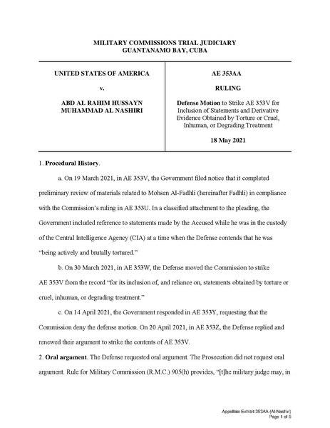 File:Defense Motion to Strike AE 353V for Inclusion of Statements and Derivative Evidence Obtained by Torture or Cruel, Inhuman, or Degrading Treatment 18 May 2021.pdf