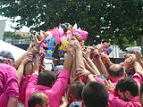 Diada castellera de les festes de primavera del 2014 a Sant Feliu de Llobregat. Hi actuaven els Castellers de Sant Feliu (camisa rosa), els Castellers de Viladecans (camisa verda) i els Castellers de Santa Coloma (camisa blau cel).Template:Location dec