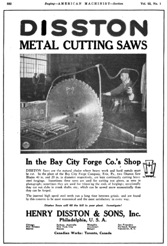 Henry Disston & Sons, Inc, saw blade advertisement in American Machinist, 1920. Disston saw advert in American Machinist v53 n1 1920 p332.png
