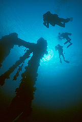 Divers descending next to the mast of the Japanese tanker Iro.