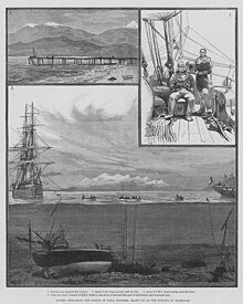 Divers exploring the wreck of HMS Doterel from the Garnet, in the Straits of Magellan, off Punta Arenas. Illustrated London News 1881 Divers exploring the wreck of HMS 'Doterel', blown up in the Straits of Magellan - ILN 1881.jpg