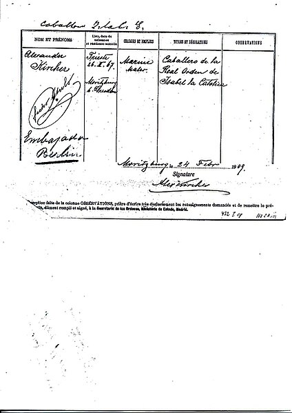 File:Document de transfert, l'Ordre d'Isabelle la espagnole de peintre marine Alexander Kircher, l'ambassade d'Espagne à Berlin, en 2009.jpg